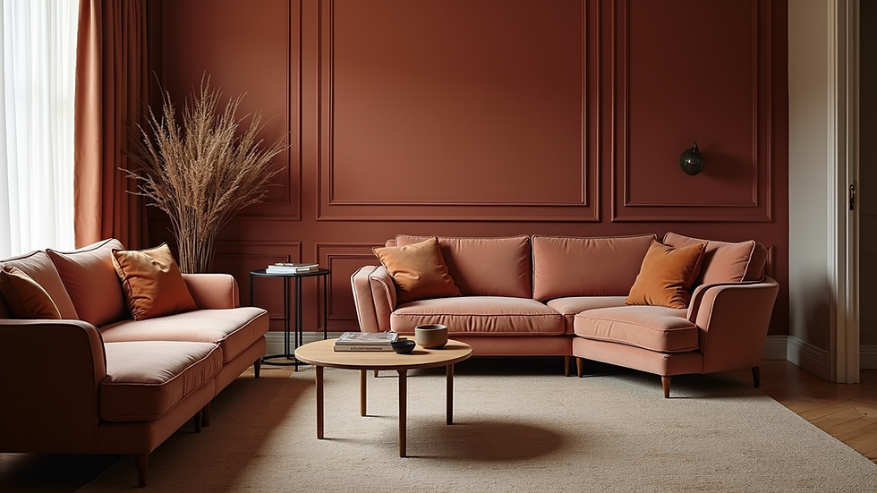 Eye-level view of a luxurious living room featuring velvet wallpaper