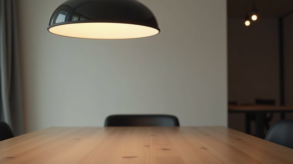 Close-up of a modern pendant light hanging over a dining table