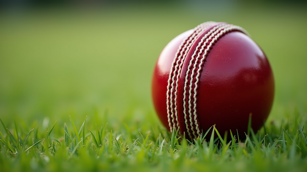 Close-up view of a red leather cricket ball on grass