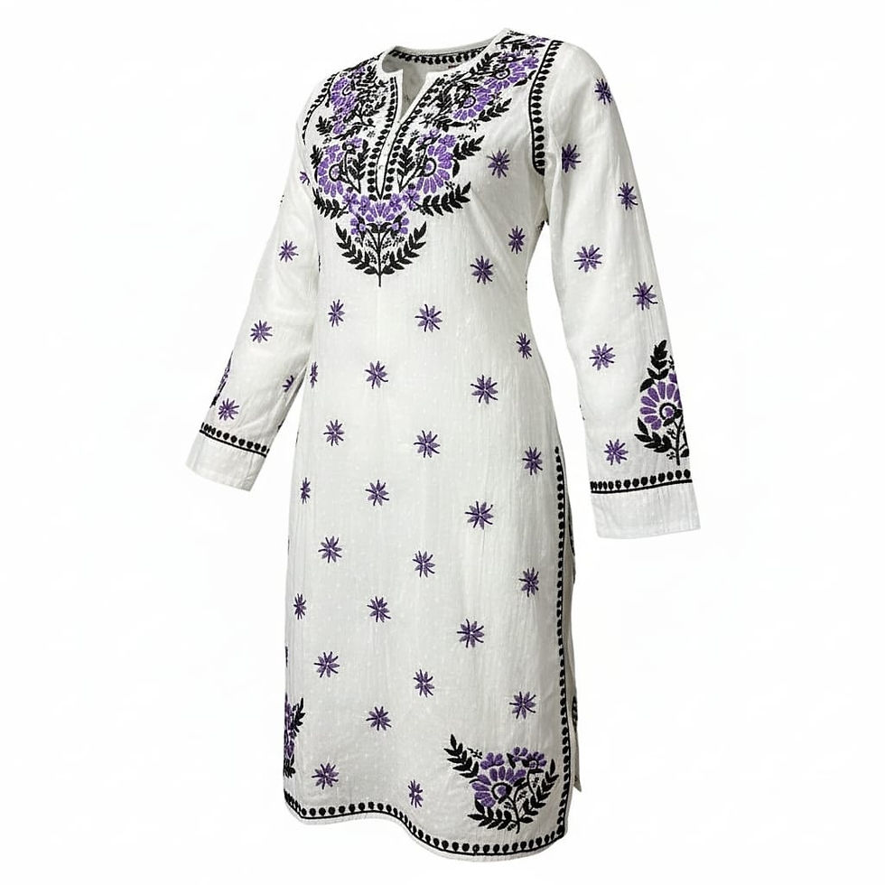 Thumbnail: White & Lilac Floral Hand-Embroidered Kurti