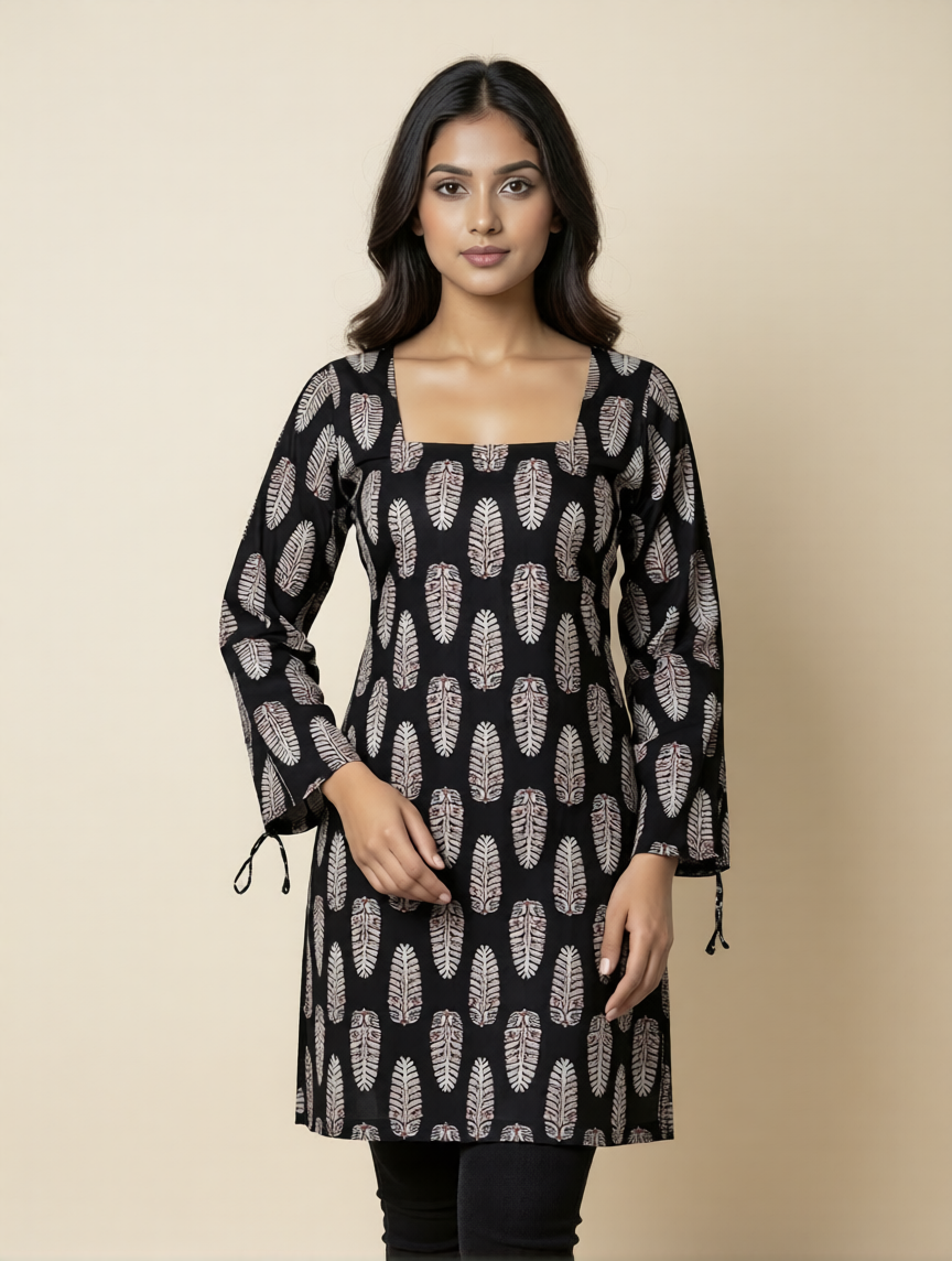 Midnight Feather Square-Neck Kurti