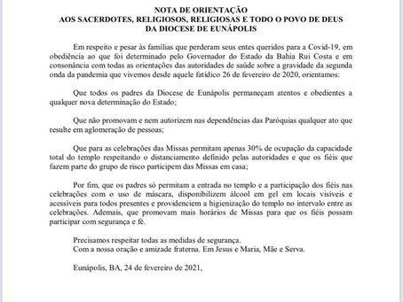 Nota de Orientação aos Sacerdotes, religiososo e todo o povo de Deus