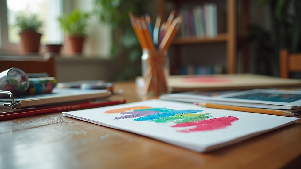 Eye-level view of colorful art supplies on a wooden table