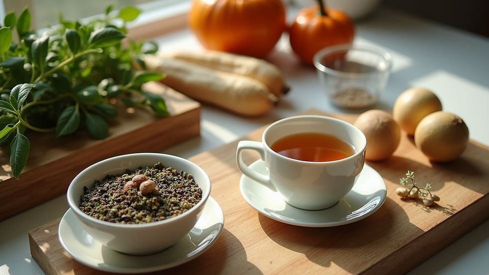 High angle view of a kitchen counter with natural farm products and a cup of herbal tea