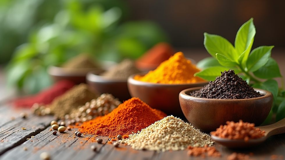Close-up view of Ayurvedic herbs and spices arranged on a wooden table