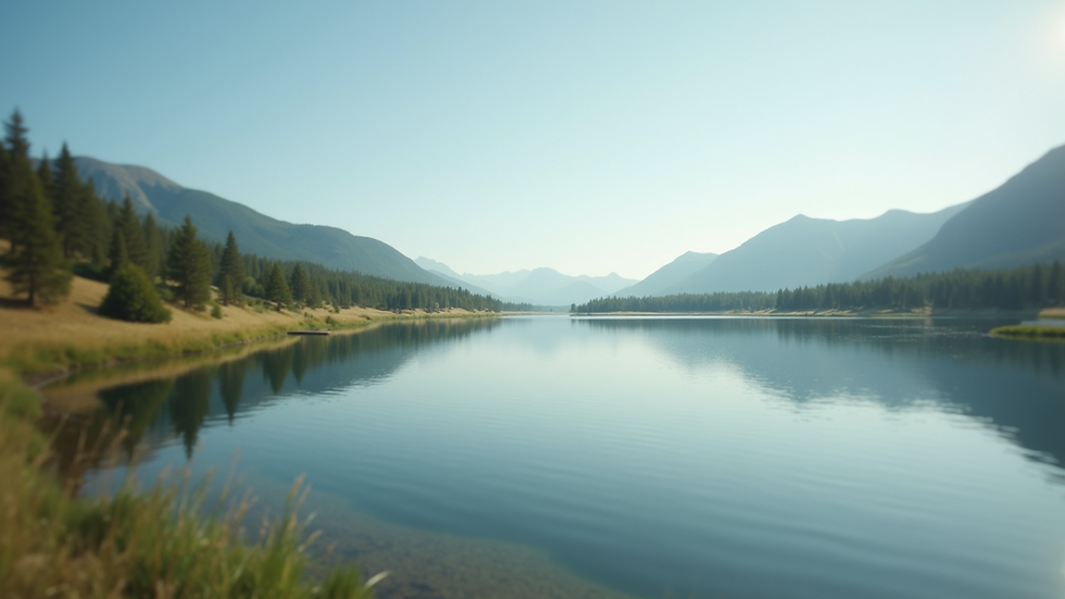 Close-up view of a serene landscape with a calm lake