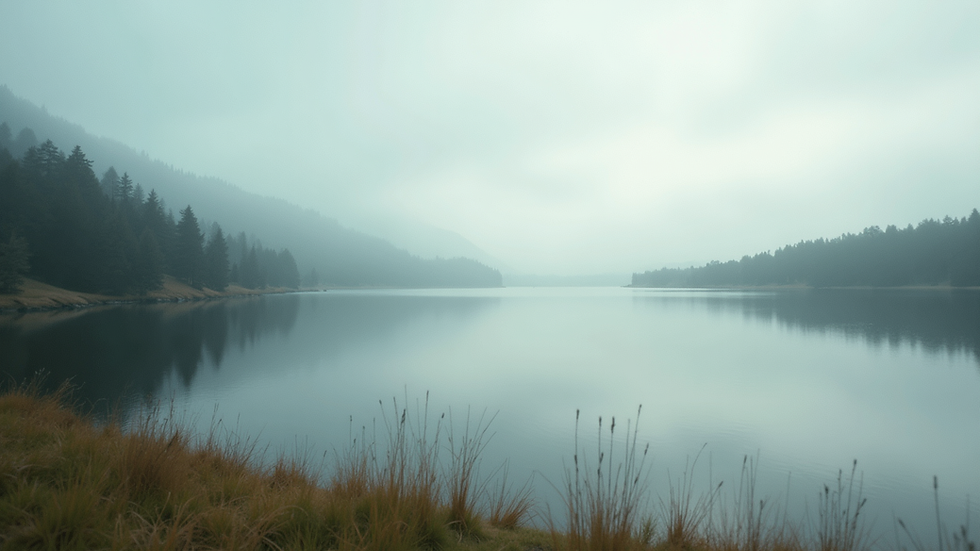 Eye-level view of a serene landscape with a calm lake
