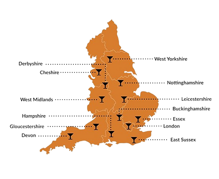 Map showcasing all the areas served by Cocktails & Bar Events, bringing premium mobile bar services to your location.