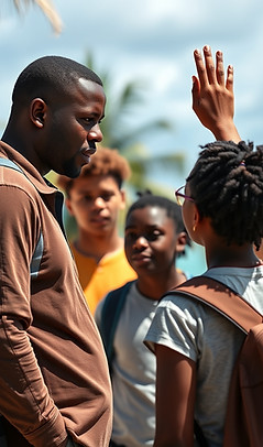 black male adult talking to black and white teenagers outside in the caribbean. the adult