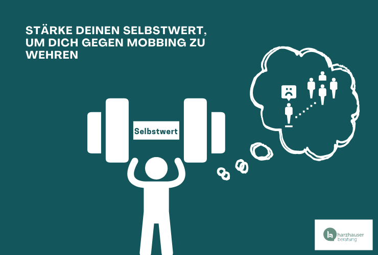 Grafik: männliche Figur hält Hantel mit Schriftzug Selbstwert. in einer Gedankenblase ist eine Mobbing-Situation abgebildet.