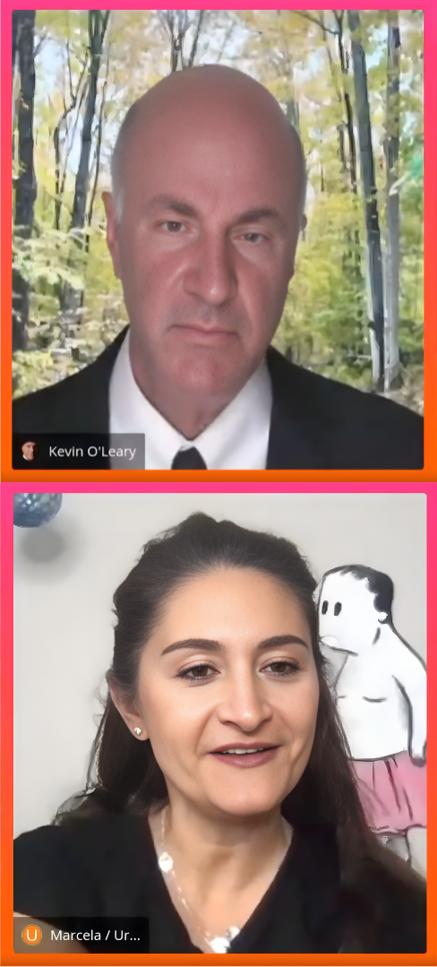 Marcela interviewing Kevin O'Leary during founder pitch training at Ureeka