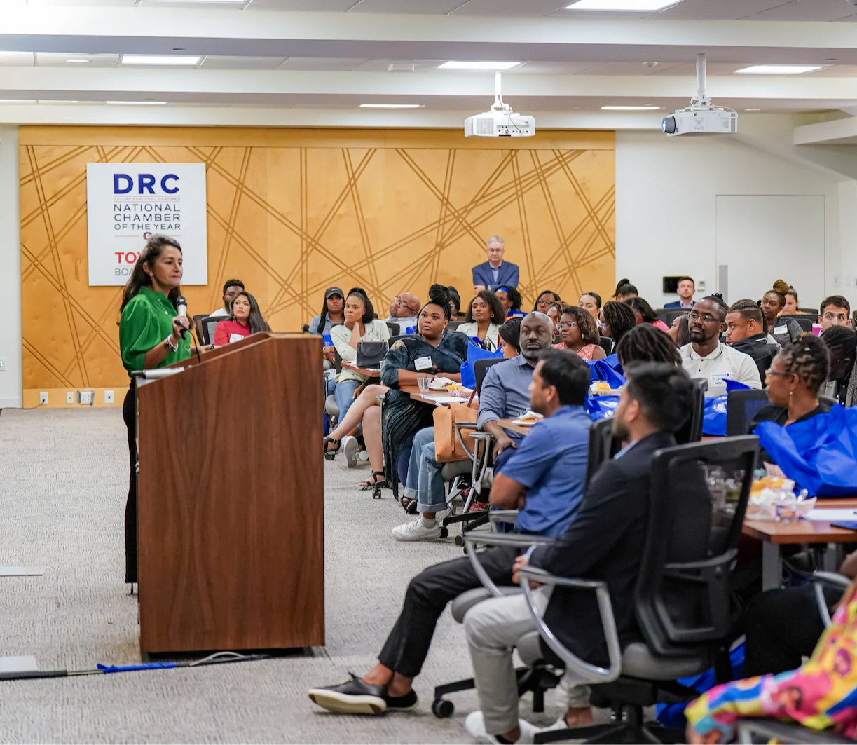 Marcela Shine speaking for the Chamber of Commerce