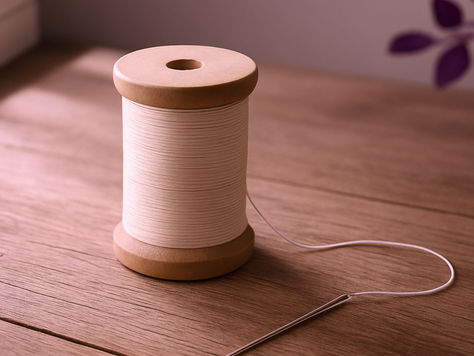 A single spool of cotton thread with the thread still feeding through the eye of a needle sitting on a quiet wooden table natural light calm