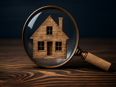 High-resolution image of a miniature wooden house viewed through an antique brass magnifying glass, resting on a richly grained wavy wood surface with a dark, mysterious blue-gray wall in the background featuring subtle horizontal lines.