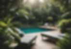 A serene pool scene with salt water on one side and chlorine on the other, surrounded by lush greenery and comfortable seating options