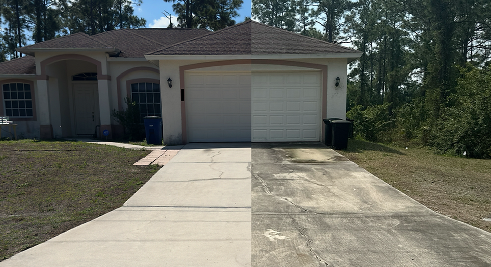 Half-cleaned driveway showing dirty and clean sections