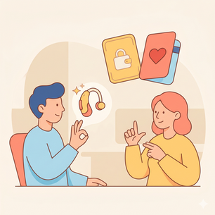 Illustrazione in stile pastello che raffigura due persone stilizzate che comunicano nella lingua dei segni, con un'icona di apparecchio acustico e due schede che rappresentano le due prestazioni per i sordi civili.