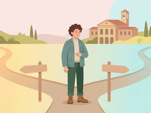 Illustrazione in stile pastello che raffigura una persona stilizzata di fronte a un bivio tra duepercorsi luminosi, simboleggiando la libertà di scelta tra NASpI e Assegno Ordinario diInvalidità, sullo sfondo di un paesaggio istituzionale minimalista.