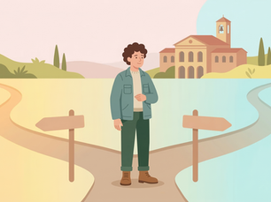 Illustrazione in stile pastello che raffigura una persona stilizzata di fronte a un bivio tra duepercorsi luminosi, simboleggiando la libertà di scelta tra NASpI e Assegno Ordinario diInvalidità, sullo sfondo di un paesaggio istituzionale minimalista.