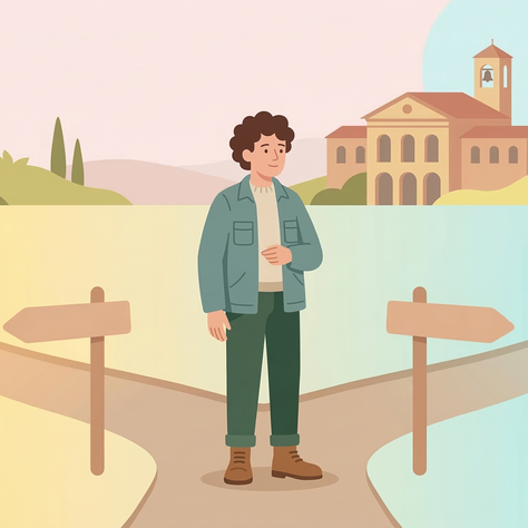 Illustrazione in stile pastello che raffigura una persona stilizzata di fronte a un bivio tra duepercorsi luminosi, simboleggiando la libertà di scelta tra NASpI e Assegno Ordinario diInvalidità, sullo sfondo di un paesaggio istituzionale minimalista.