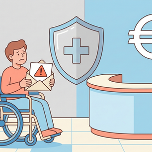 Illustrazione in stile pastello che raffigura una persona preoccupata davanti a una busta aperta con un simbolo di allerta, protetta da un'icona a forma di scudo che simboleggia la difesa legale.