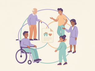 Illustrazione in stile pastello che raffigura un gruppo di persone stilizzate con diverse condizioni di disabilità, unite in cerchio attorno a un documento simbolo del Progetto di Vita individuale, a rappresentare l'inclusione e il supporto della riforma D.Lgs. 62/2024.
