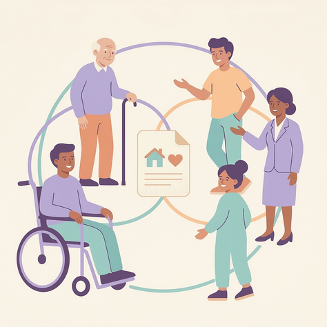 Illustrazione in stile pastello che raffigura un gruppo di persone stilizzate con diverse condizioni di disabilità, unite in cerchio attorno a un documento simbolo del Progetto di Vita individuale, a rappresentare l'inclusione e il supporto della riforma D.Lgs. 62/2024.