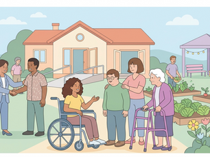 Illustrazione in stile pastello che raffigura persone con disabilità — tra cui una persona in sedia a rotelle e un giovane — circondate da una casa accessibile, uno spazio verde comunitario e figure stilizzate che rappresentano associazioni, famiglie e Comuni che collaborano insieme per l'autonomia e l'inclusione.