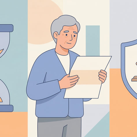 A flat design illustration in soft pastel colors depicting a stylized person (older adult, calm worried expression) holding an official letter. On one side of the scene, a large hourglass symbol representing time limits. On the other side, a protective shield icon with a gavel symbol inside it, suggesting legal defense. The overall mood is serious but hopeful and empowering. Italian institutional style, clean minimal composition, friendly and approachable. Soft pastel colors — muted blue, soft orange, light grey, cream. No text, no words, no letters, no numbers in the image. 16:9 format.