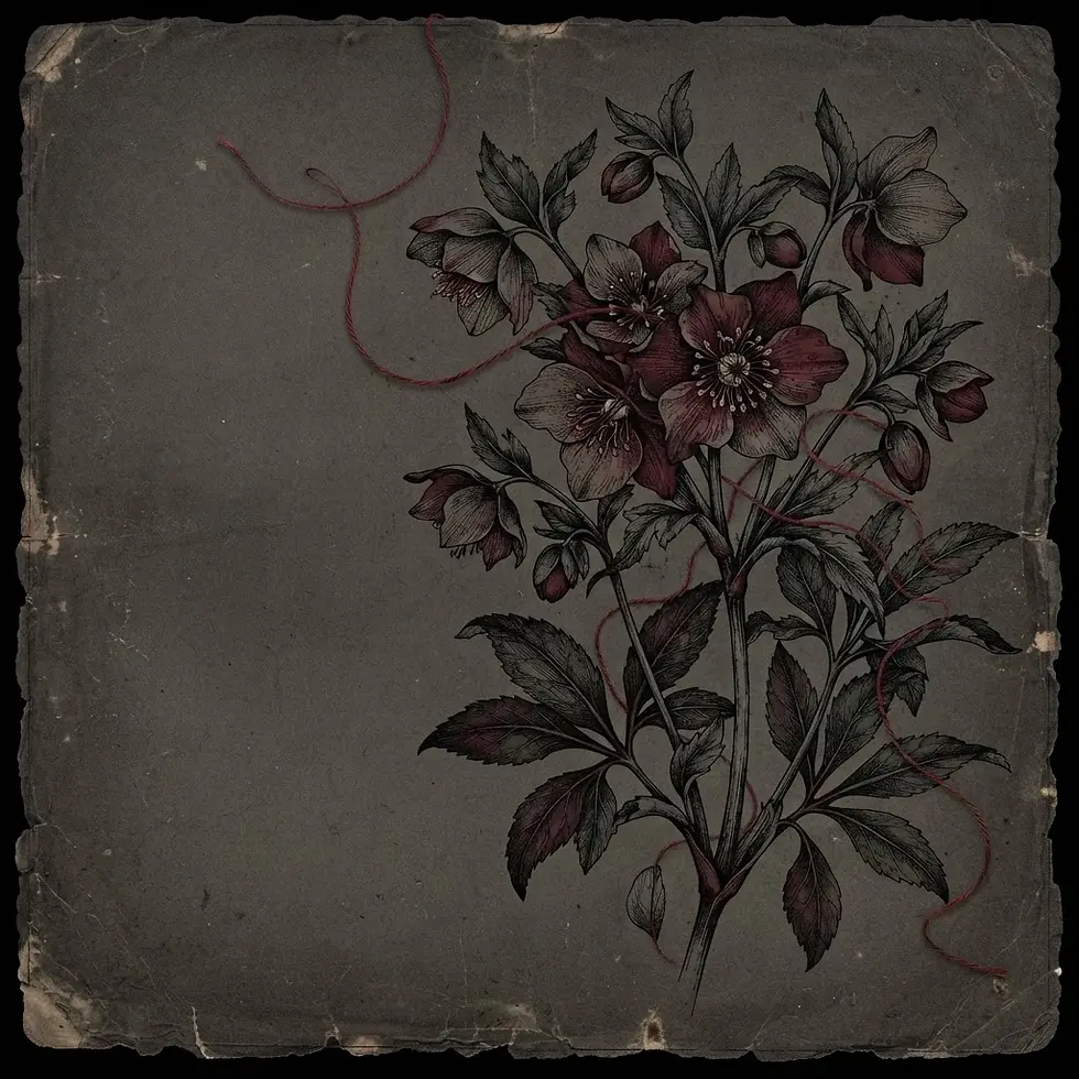 Digital illustration of deep red hellebore flowers intertwined with delicate red threads against a textured, vintage gray background. The artwork evokes a somber yet intricate mood.