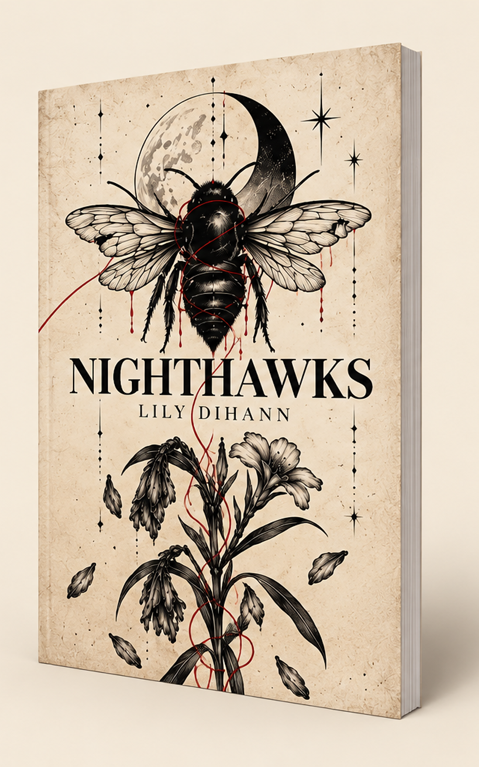 Cover of Nighthawks by Lily Dihann, featuring an indian carpenter bee, crescent moon, and botanical illustrations on an ivory background.