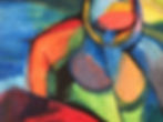 Colorful abstract painting of a human figure sitting in contemplation. By Mexican artist Gildalorena Martínez.