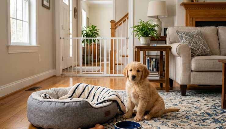 Eye-level view of a small puppy sitting beside a soft bed in a prepared living room