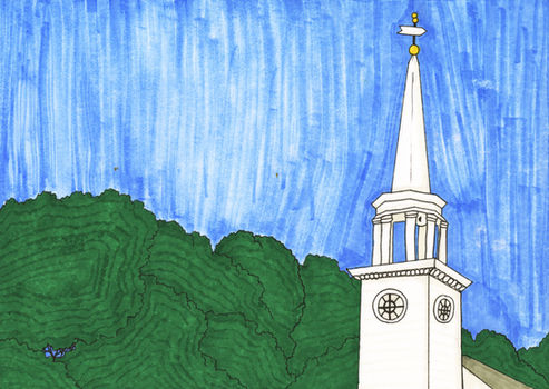 Illustrated white church steeple with green foliage and blue sky.
