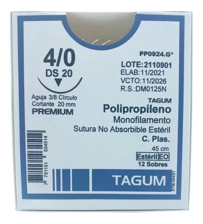 Tagum Sutura Polipropileno Calibre 4-0 Longitud 45 cm Aguja 3/8 20 mm - Caja con