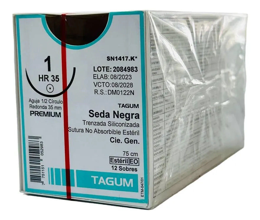 Tagum Sutura Seda Negra Trenzada Aguja Ahusada Calibre 1 Longitud 75 cm Aguja 1/