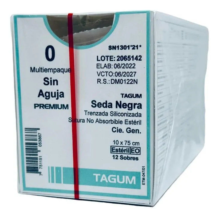 Tagum Sutura Seda Negra Trenzada Aguja Ahusada Calibre 2-0 Longitud 75 cm Aguja