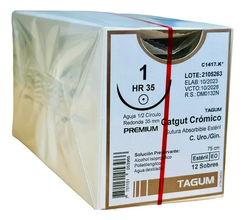 Tagum Sutura Catgut Crómico Calibre 1 Longitud 75 cm Aguja 1/2 35 mm - Caja con