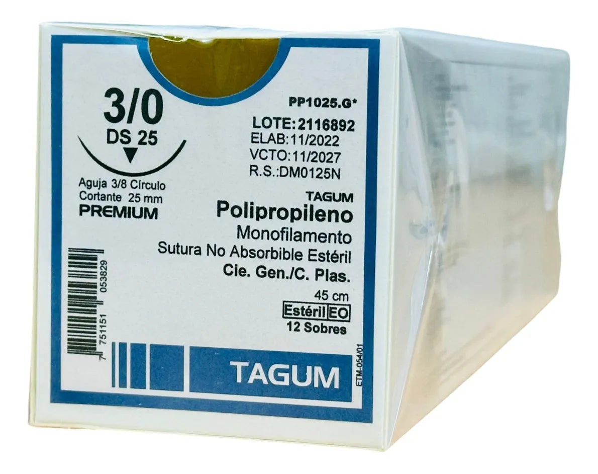 Tagum Sutura Polipropileno Calibre 3-0 Longitud 90 cm Aguja 3/8 25 mm - Caja con