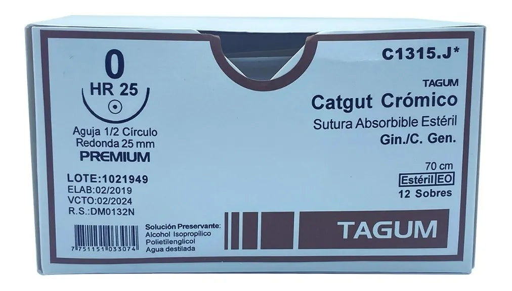 Tagum Sutura Catgut Crómico Calibre 0 Longitud 75 cm Aguja 1/2 25 mm - Caja con