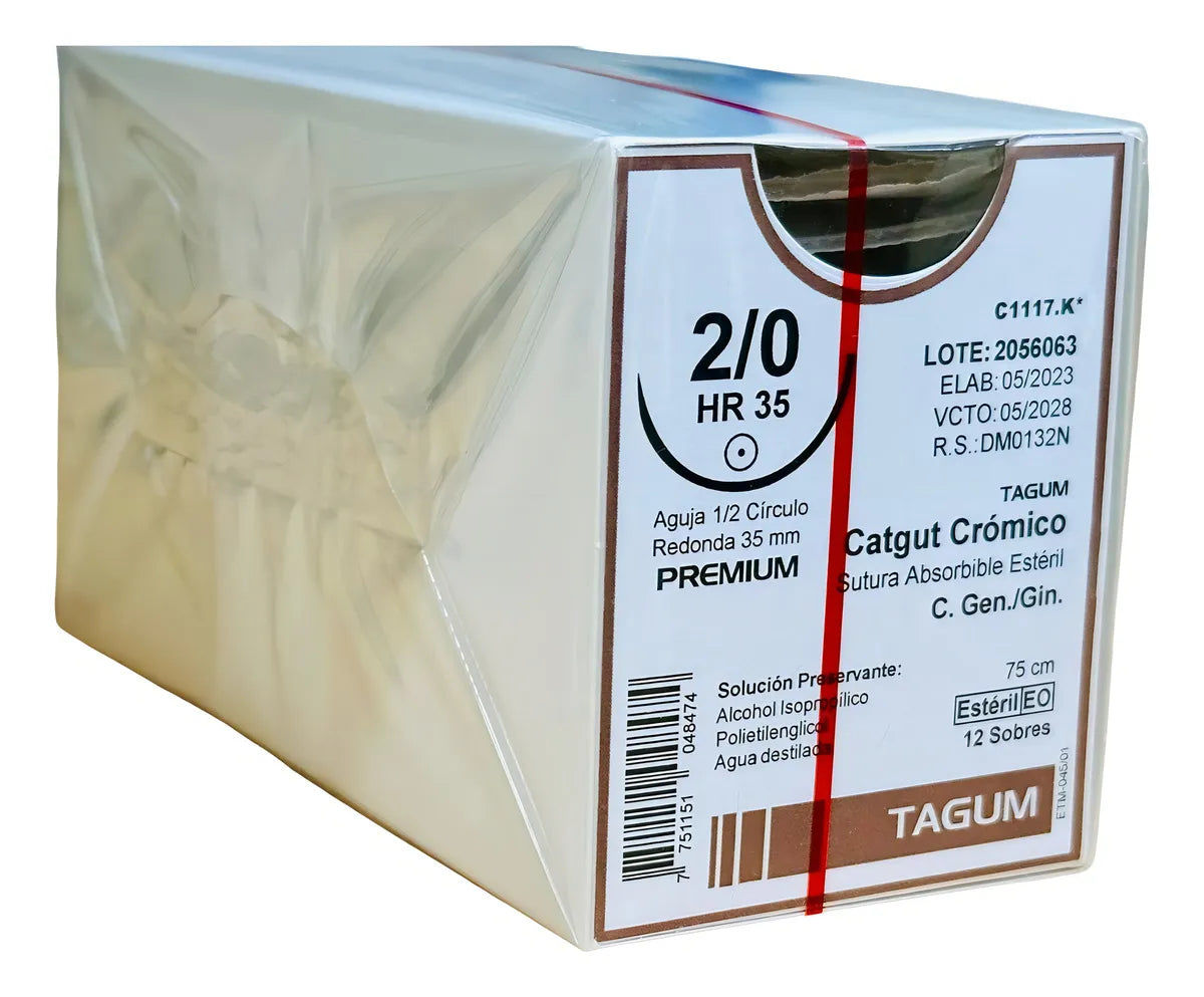 Tagum Sutura Catgut Crómico Calibre 2-0 Longitud 75 cm Aguja 1/2 35 mm - Caja co