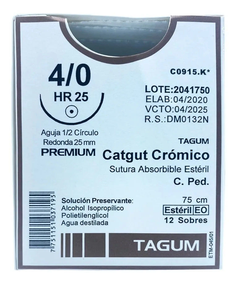 Tagum Sutura Catgut Crómico Calibre 4-0 Longitud 75 cm Aguja 1/2 25 mm - Caja co