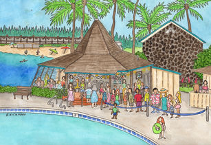 Pen and ink watercolor painting of the Gazebo restaurant in Napili, Maui by artist E. Hickman.