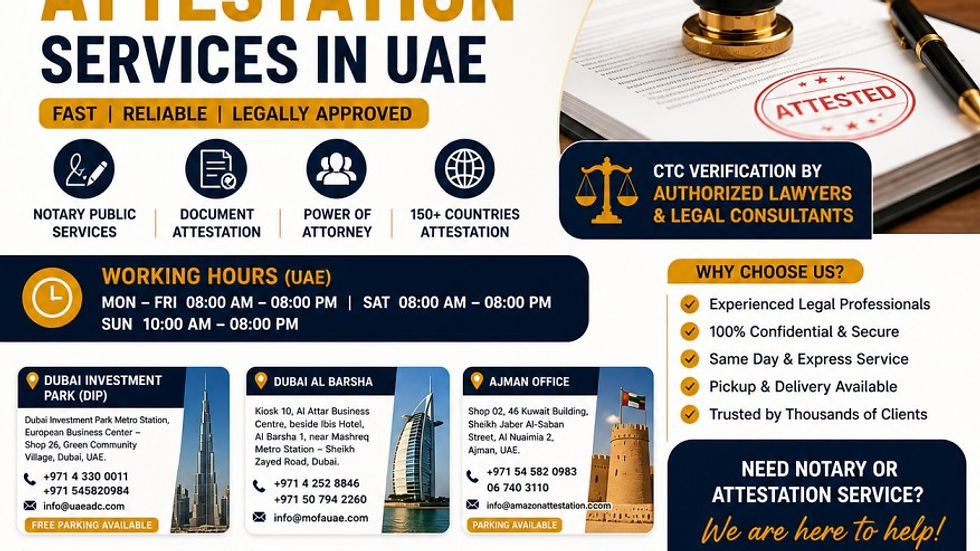Notary services ad in UAE features contact details, working hours, and locations. Highlights fast, reliable attestation services with icons.