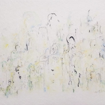 2022.Crayons de graphite et de couleur jaune et vert et encre noire sur papier translucide. Légèreté, abstraction, paysage abstrait.20X25cm