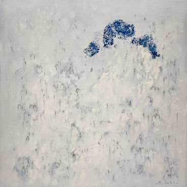 21 juillet.2025.Technique mixte sur toile. Principalement, peinture à l'huile et crayon. Travail abstrait suggérant un paysage bleu clair et impression d'une tache bleue en contraste.30X30cm