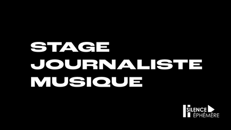 Fond noir avec marqué "Stage Journaliste Musique"