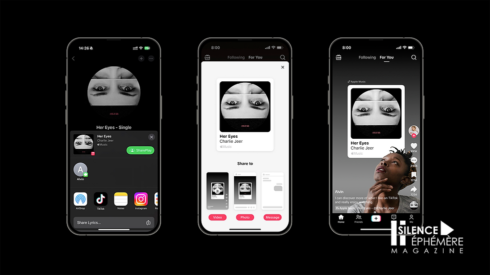 Trois écrans de smartphone affichant le single 'Her Eyes' de Charlie Jeer sur différentes interfaces de partage de musique et réseaux sociaux. Les écrans montrent des options pour partager le morceau sur des plateformes comme TikTok, Instagram et Apple Music, avec des fonctionnalités interactives telles que 'SharePlay' et le partage des paroles. Le logo du magazine 'Silence Éphémère' est visible en bas à droite, indiquant une couverture médiatique ou un article consacré à la chanson.
