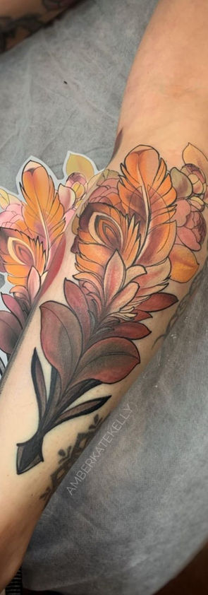 Neotraditional Feather and Flowers tattoo design, Sydney Australia Tattoo Artist