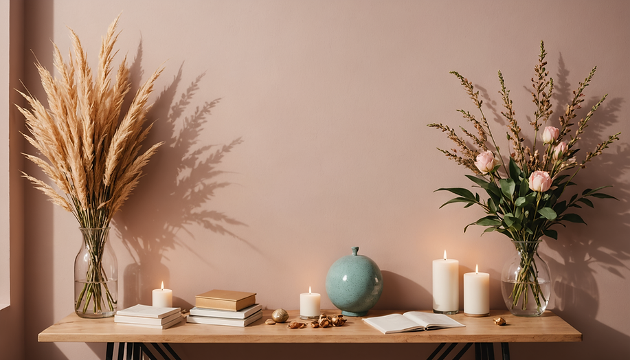 A pinkish wall with a desk featuring upon it two flower vases, one with grain like flowers and one with roses, which blends with the colors of the site and reports the footnotes of the site.